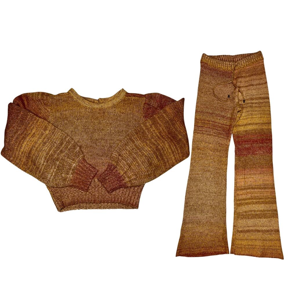 L*Space Knit Set Juniper Puff Sleeve Cropped Sweater Sunset Beach Laurel Pants